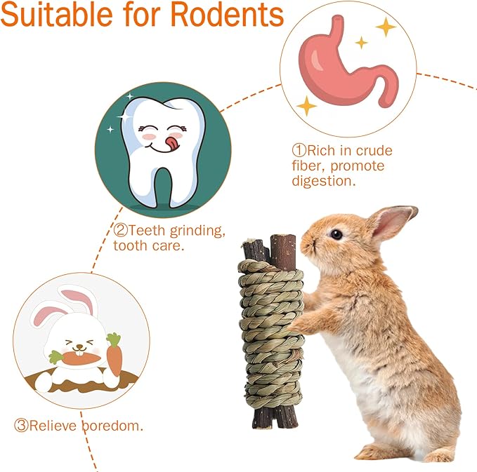 Fhiny 12 PCS Guinea Pigs Chew Toys, Natural Apple Branch Seagrass Molar Sticks for Teeth Bunny Chew Toys Cage Accessories for Guinea Pigs Rabbit Bunny Hamster Chinchilla-PurrikoPets