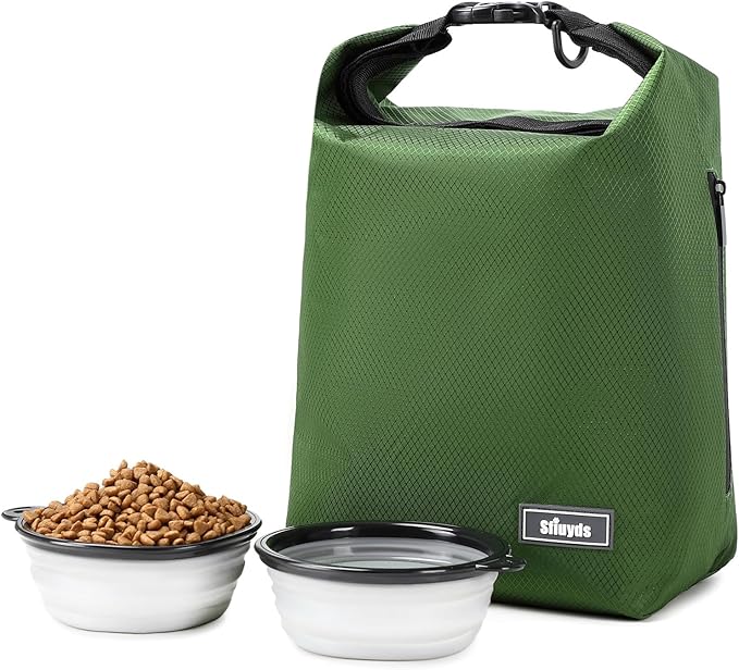 Dog Food Travel Bag,Pet Food Container 20 lb w/2PCS Collapsible Dog Travel Bowls and Zipper Side Pocket(Green, Large)-PurrikoPets