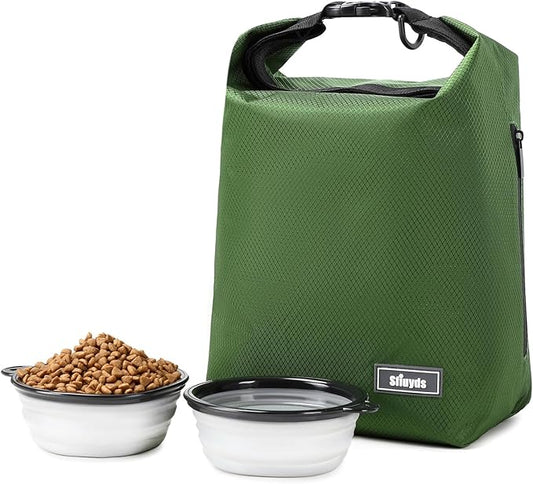 Dog Food Travel Bag,Pet Food Container 20 lb w/2PCS Collapsible Dog Travel Bowls and Zipper Side Pocket(Green, Large)-PurrikoPets
