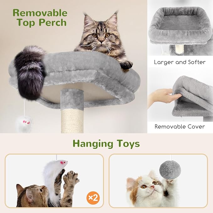 Globlazer Tall Cat Tower, 76 inch Multiple Level Cat Climbers for Indoor Cats, XL Cat Tree with 5 Scratching Posts, 2 Cat Condos, Hammock, 2 Hanging Baskets, F76B, Light Grey-PurrikoPets