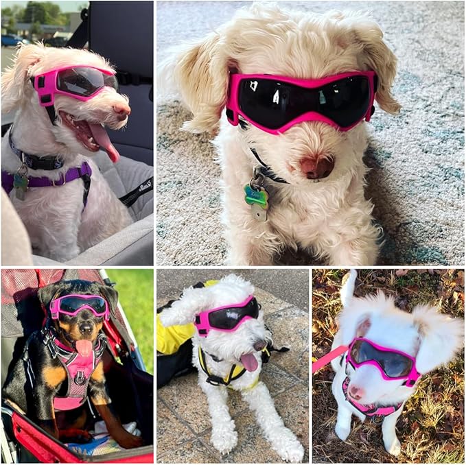 Dog Goggles Dog Sunglasses for Medium Breed UV Protection Windproof with Adjustable Head Straps Chin Straps for Ride Car/Hiking Travel/On Beach-Pink-PurrikoPets