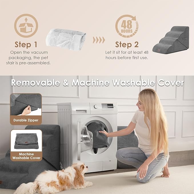 EHEYCIGA Curved Foldable Dog Stairs Ramp for High Beds 19.7" H, 4-Step Dog Steps for Small Dogs and Cats, Pet Stairs for High Bed Climbing, Non-Slip Balanced Pet Step Indoor, Grey-PurrikoPets