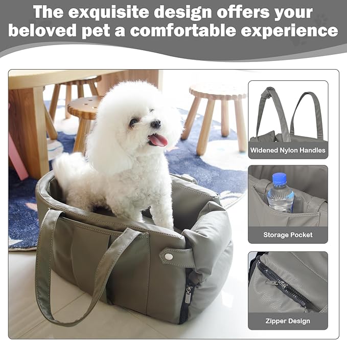 2 and 1 Center Console Dog Car Seat & Carrier for Small Dogs, Large Leather Dog Car Bed with Storage Pocket, Waterproof PVC Leather Seat Travel Bed for Front & Back Seat, Clip-On Safety Leash-PurrikoPets