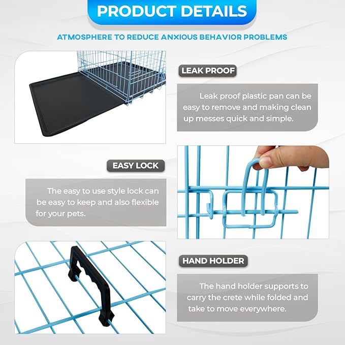 FDW Dog Crate for Small Dogs 24 Inch Folding Metal WirePet Cage Double Door W/Divider Panel Indoor Outdoor Kennel Leak-Proof Plastic Tray,Blue-PurrikoPets