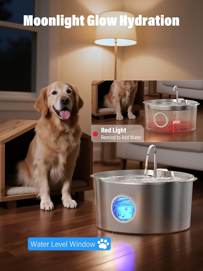 3.4Gal Dog Water Fountain for Large Dogs, Extra Large Stainless Steel Pet Water Fountain, Round Dog Water Bowl Dispenser with Metal Handle, Water Level Window, Supet Quiet Pump for Multi Pet Home-PurrikoPets