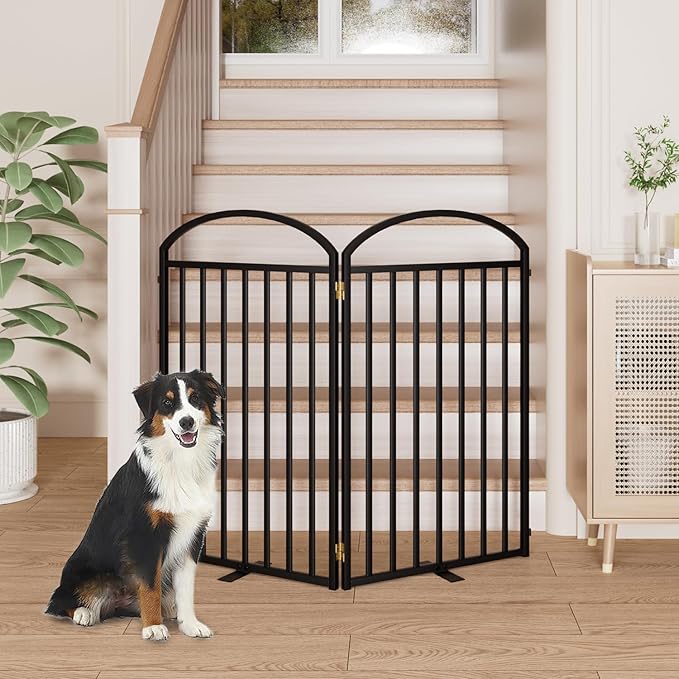 2 Panles Full Matel Freestanding Dog Gates with Door, 48"Extra Wide 36"Tall Free Standing Dog Pet Gate for Indoor & Outdoor. Foldable Pet Fences for Doorways, House, Stairs, Porch, Deck, Yard-PurrikoPets