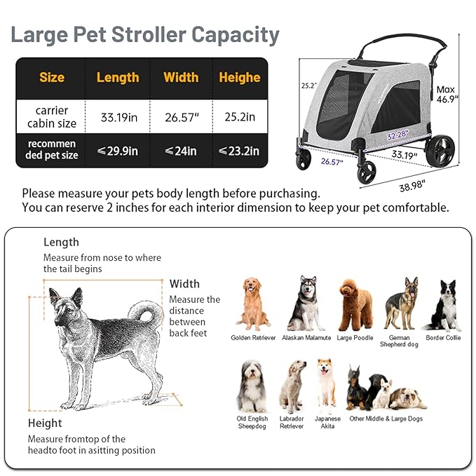 EchoSmile XL Extra Large Dog Stroller - Adjustable Handles,Lightweight Folding Pet Stroller,All-Terrain 4 Wheel for 2 Medium Dogs,Dual Entry Safety Dog Stroller,Capacity 160 lbs,Gray-PurrikoPets