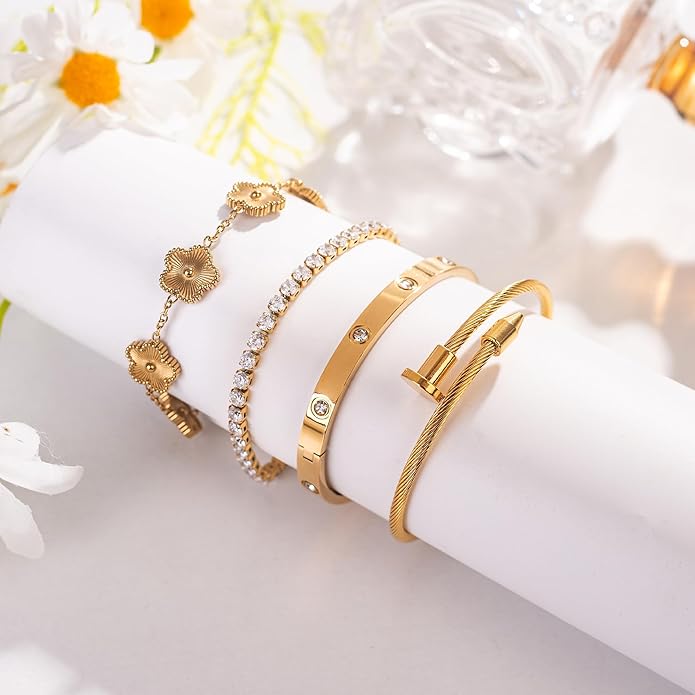 18K Gold Plated Nail Love Bangle Bracelet Set for Women Stackable Floral Clover Adjustable Tennis Bracelet Non Tarnish Gift Jewelry for Christmas Valentines Birthday Mother's Day