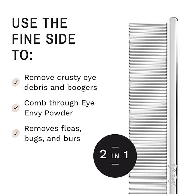 Eye Envy Tear Stain Remover Comb for Dogs and Cats. Fine/Coarse with 80 Rounded Pins. Gently Remove Crusty Eye Debris, Gunk and Boogers. Face and Feet Comb. Remove Tangles-PurrikoPets