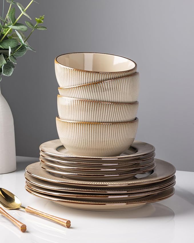 GBHOME Ceramic Dinnerware Sets,12 pcs Embossed Elegant Stoneware Plates and Bowls Sets, Housewarming Wedding Gift | Dishwasher & Microwave Safe | Dishes Set Service for 4-PurrikoPets