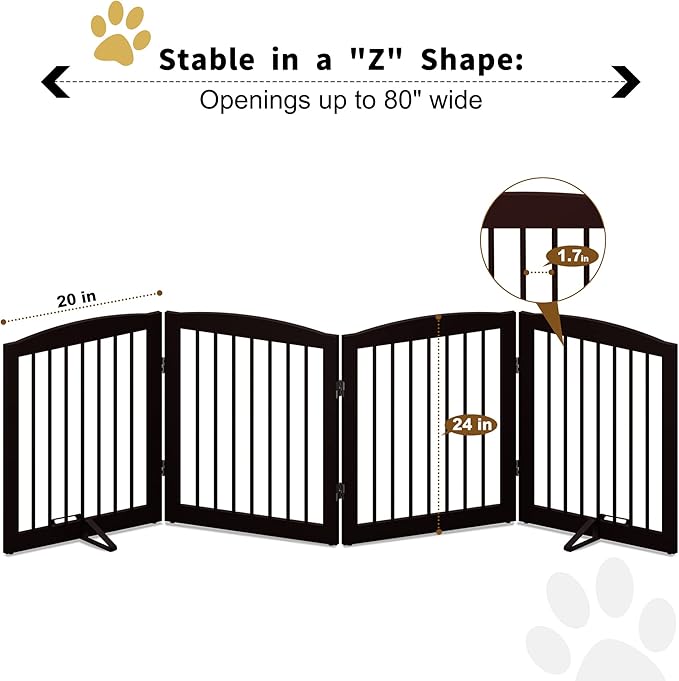 Freestanding Pet Gate for Dogs, Foldable Wooden Dog Gate for House, Indoor Dog Gate for Stair, Doorway, Gates for Dogs Indoor, 80 Inch Wide, 4 Panels 24",Brown-PurrikoPets