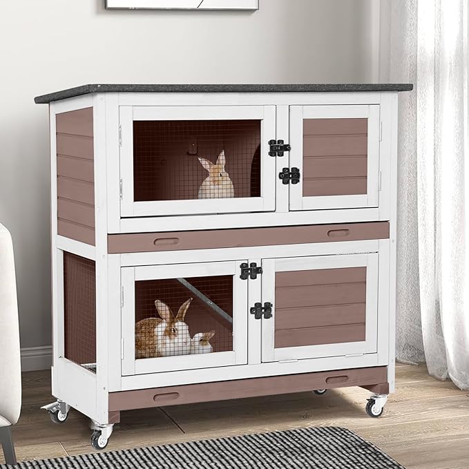 2-Story Rabbit Hutch Indoor Bunny Cage Wooden Guinea Pig House with Chew-Proof Ramp, Leakproof Slide-Out Trays, Lockable Caster Wheels for 1-3 Rabbits (Brown)-PurrikoPets