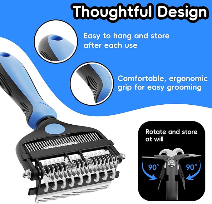 3-in-1 Pet Deshedding Tool – Grooming Brush for Dogs & Cats with Undercoat Rake & Dematting Comb (Blue)-PurrikoPets