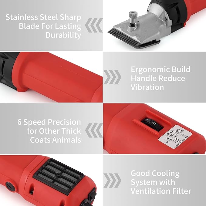 DUCKBOY Heavy Duty Clippers for Thick Coats Animals, 500W Professional Electric Shearing Machine for Horse Pony Cattle and Large Dogs Livestocks Grooming, 6 Speed & 2 Detachable Shearing Blades-PurrikoPets