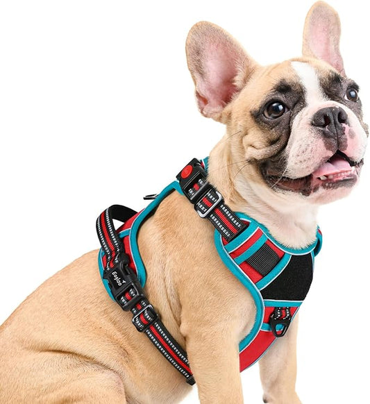 Eagloo Dog Harness Medium Sized, Easy Wearing with 3 Buckles, Adjustable No Pull Pet Harness with 2 Rings for Walking, No Chock Reflective Soft Padded Vest with Control Handle, Red & Teal, M-PurrikoPets