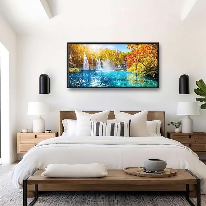 Extra Large Waterfall Lake Framed Wall Art for Living Room,Oversized Fall Autumn Tree Landscape Pictures Wall Decor,Nature Canvas Print Painting Modern Artwork Bedroom Office Bathroom 60L" x 30W"-PurrikoPets