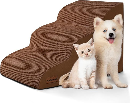 3-Step Dog Ramp and Stairs for Sofa and Chair - Non-Slip Sturdy Pet Steps for Small Dogs and Cats,15.7" H,Brown-PurrikoPets