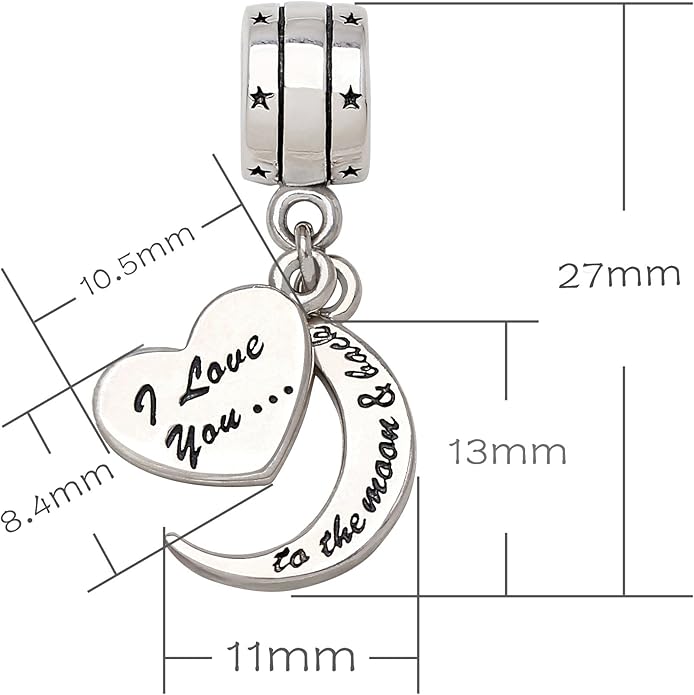 ALOV Sterling Silver I Love You To The Moon and Back Two-Piece Pendant Bead Charm