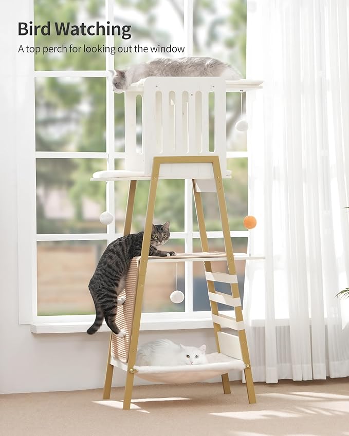 FourFurPets Modern Cat Tree, 58-Inch Cat Tower for Large Cats, Maine Coon Cat Tree with Scratching Board, Large Perch, Hammock and Removable Pads, White-PurrikoPets
