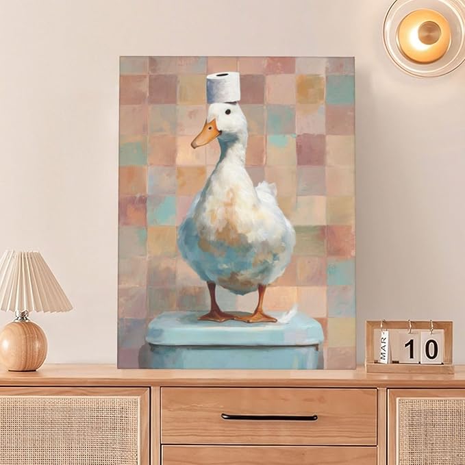 Funny Duck Bathroom Wall Art Cute Duck on Toilet Canvas Wall Decor Funny Quirky Farm Animal Pictures Painting Print Framed Artwork Decorations Gifts for Bathroom 12"x16"-PurrikoPets