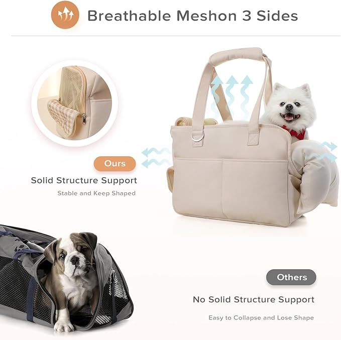 Dog Purse Carrier for Small Dogs, Soft Soft Sided Folding Dog Carriers for Small Dogs Medium Cats Puppies up to 15 Lbs, Washable Breathable Puppy Carrier for Outdoor Travel (Large Beige)-PurrikoPets