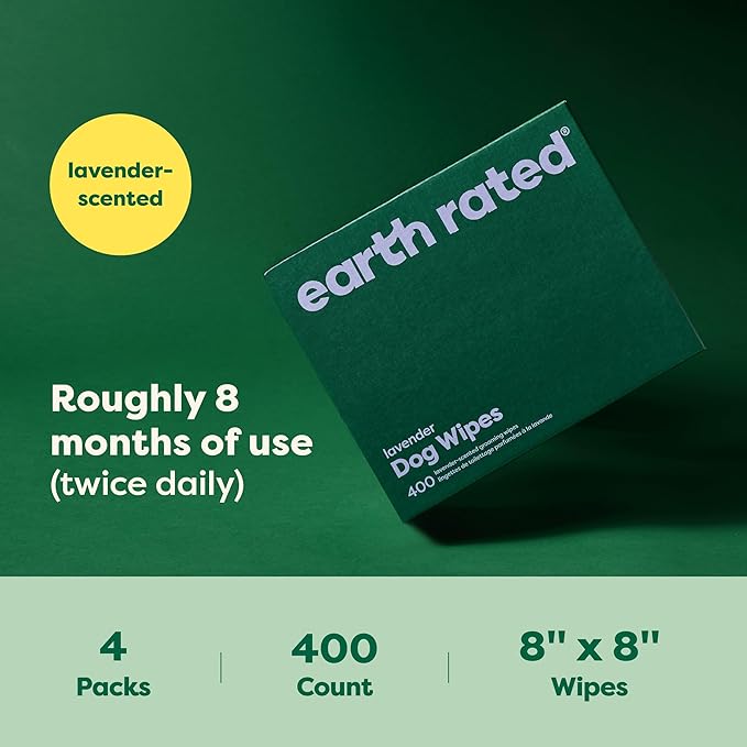 Earth Rated Dog Wipes, Hypoallergenic, Cleaning and Hydrating, for Grooming Paws, Body and Butt, Lavender Scented, 400 Count-PurrikoPets