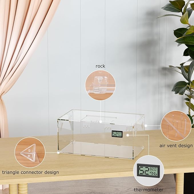 Acrylic Tarantula Enclosure, Reptile Terrarium Breeding Tank w/Temperature Hygrometer,Habitat Reptiles Feeding Box Isopod Terrarium Cage for Insect Lizard Home Office (Reptile-Tank-L(No Tray))-PurrikoPets