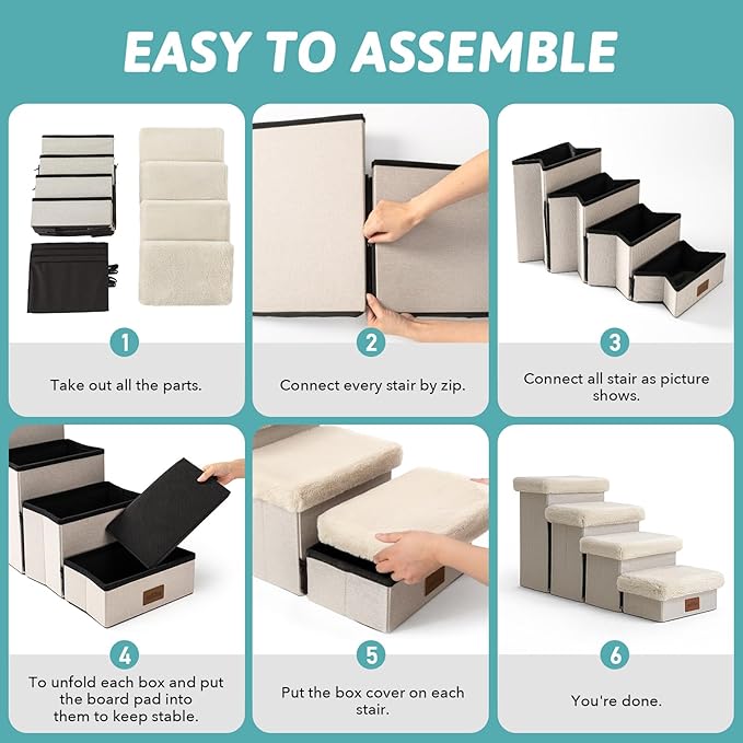 Dog Stair for Small Dogs with Storage, 21" H Foldable Pet Step with Soft Cover, Older Cat Ramp for High Bed or Car, Lightweight, Comfort, 39.7x13x21.2 inch, 5 Tiers, Beige-PurrikoPets