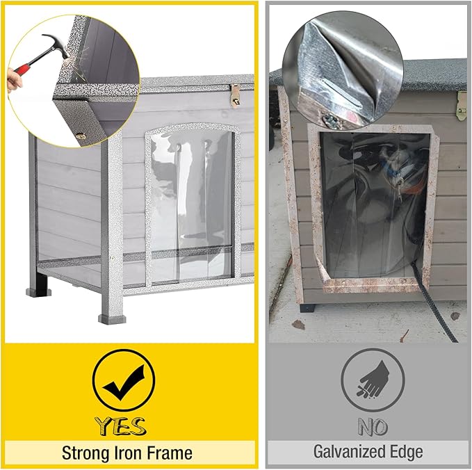 Aivituvin Dog House with Insulated Liner, Outdoor Indoor Weatherproof Dog House for Winter, Suitable for Small & Medium & Large Dogs with Unique All-Around Iron Frame(Grey)-PurrikoPets