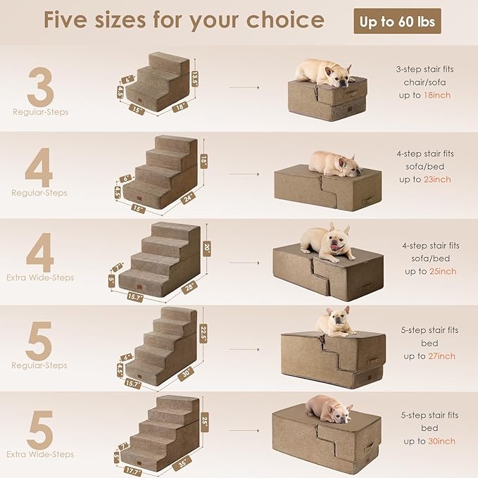 EHEYCIGA Dog Stairs for High Bed 25" H, 5-Step Extra Wide Dog Steps for Bed, Pet Steps for Small Dogs and Cats, Non-Slip Balanced Pet Ramp Indoor, Camel-PurrikoPets