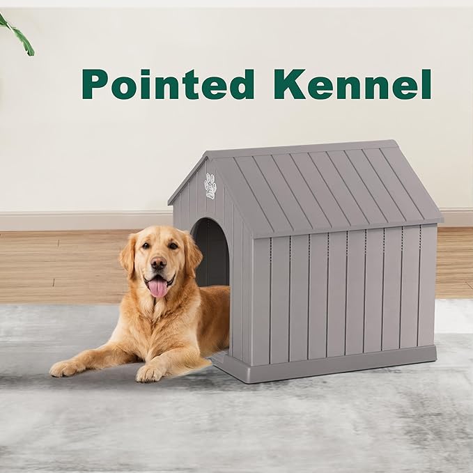DRATO Indoor Outdoor Waterproof Dog House,PP Material,Puppy Shelter with Air Vents and Elevated Floor,Sturdy Dog Kennel for Small to Large Sized Dogs, Easy to Assemble (Gray, 38.62×36.26×38.07 Inches)-PurrikoPets