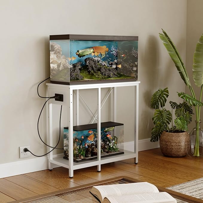 20-29 Gallon Fish Tank Stand with Power Outlet & LED Light, Metal Aquarium Stand with 3 Tier Adjustable Storage Shelves, Tank Stand for Reptile Tank, Turtle Tank, 30.7" L*13.8" W, White-PurrikoPets