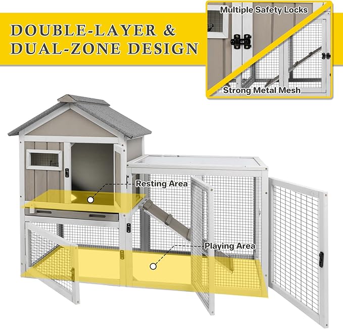 47''L Rabbit Hutch Outdoor Chicken Coop with Run, Wooden Indoor 2 Story Bunny House with Waterproof Roof, Pull Out Tray, Guinea Pig Rabbit Duck Cage for Small to Medium Animals and Pet Lover, Gray-PurrikoPets