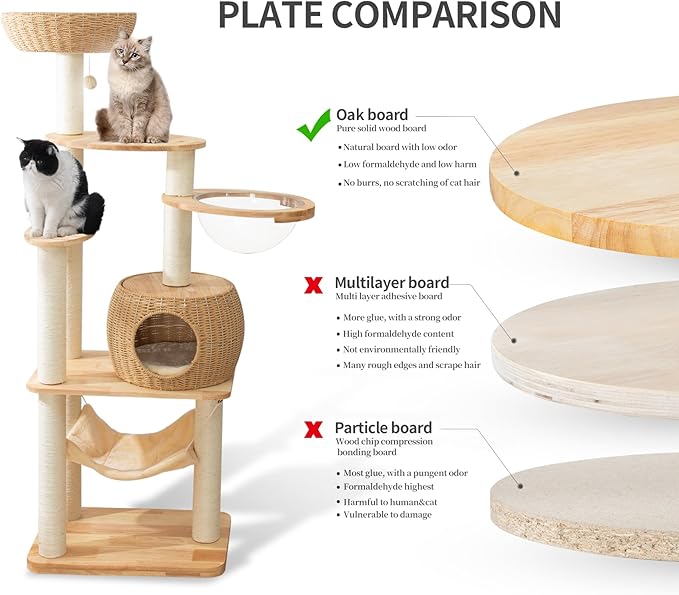 59" Big Modern Cat Tree Tower, Cat Tower Sisal-Covered Scratching Posts for Indoor Cats, Oak Wood Cat Tree for Large Cats, Multi-Level Cat Condo with Space Capsule Nest, Cat Furniture Activity Centre-PurrikoPets