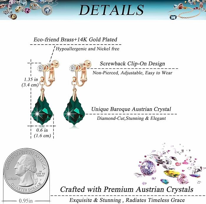 Austrian Crystal Baroque Drop Clip On Dangle Earrings for Women Non Pierced 14K Rose Gold Plated Hypoallergenic Jewelry