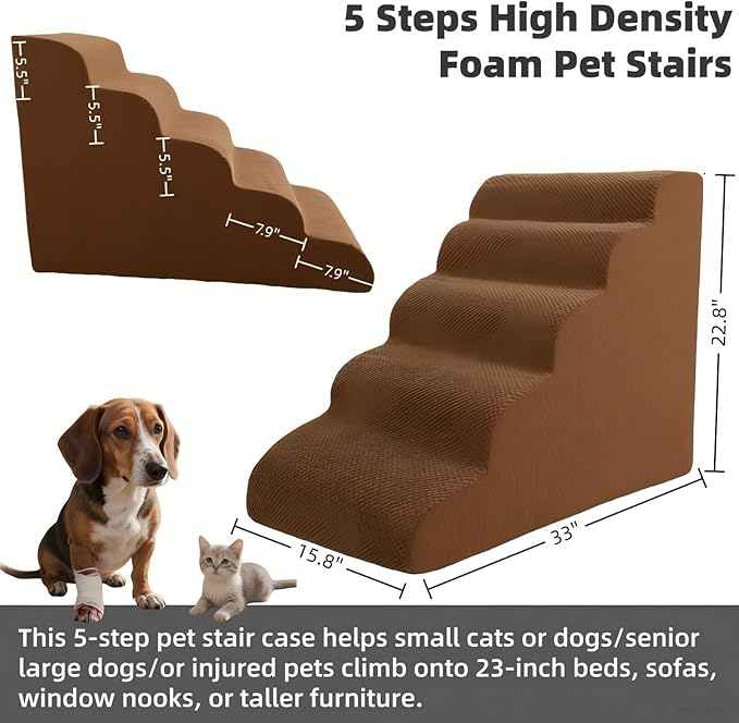 5 Step Pet Stairs Ramp for High Beds Sofas 5-30 Inch with Sturdy Non Slip Waterproof Pads, Machine Washable Cover Indoor Balanced Design for Cats Dogs Small Medium Large XL Pets Grey (Brown, Large, 1)-PurrikoPets