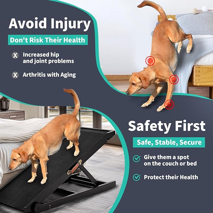 Dog Ramp for Bed, Adjustable Pet Ramps for Dog to Get on Bed, Non-Slip Rubber Surface - Folding Wooden Dog Ramp for Small/Large/Old Dogs, Adjustable up to 19.5 inch High Beds-PurrikoPets