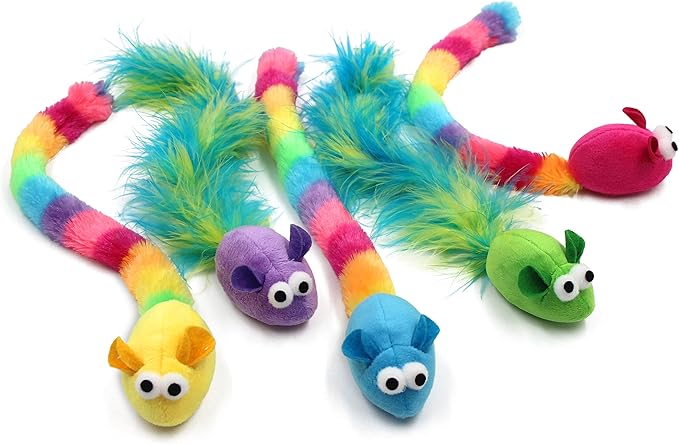 5 Pack Interactive Catnip and Feather Cat Toys, Multi-Colored Mice with Long Feather Tail, Accessories for Indoor Cat, Catnip Plush Toys with Natural Feathers and Rattles-PurrikoPets