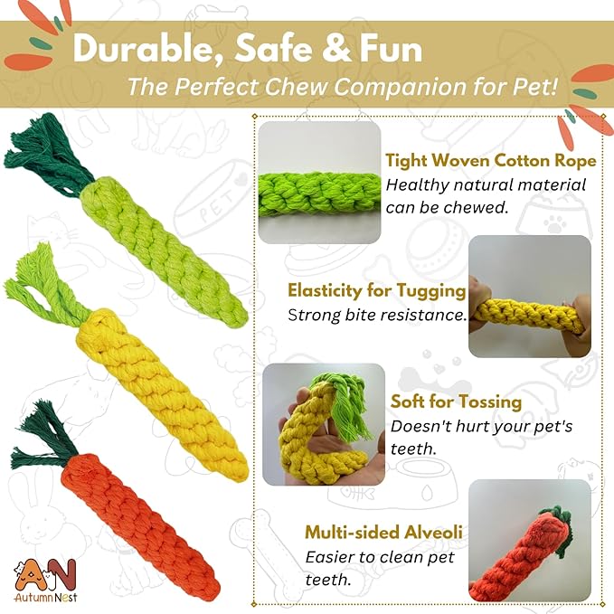 3PCS Mixed Color Woven Pet Rope Toys (Yellow, Green, Orange), Chew Toys for Dogs & Cats, Safe & Durable Braided Rope Toys for Pets-PurrikoPets