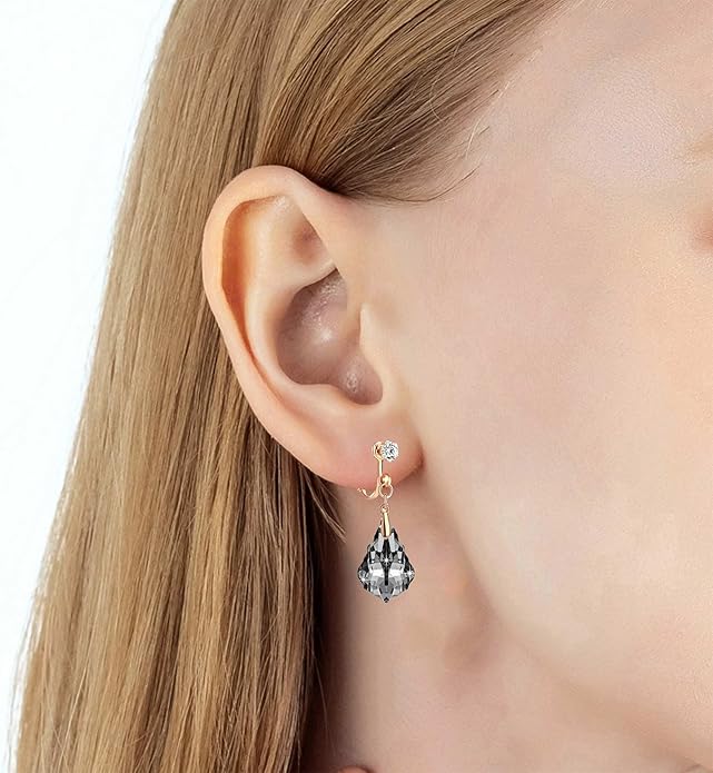 Austrian Crystal Baroque Drop Clip On Dangle Earrings for Women Non Pierced 14K Rose Gold Plated Hypoallergenic Jewelry