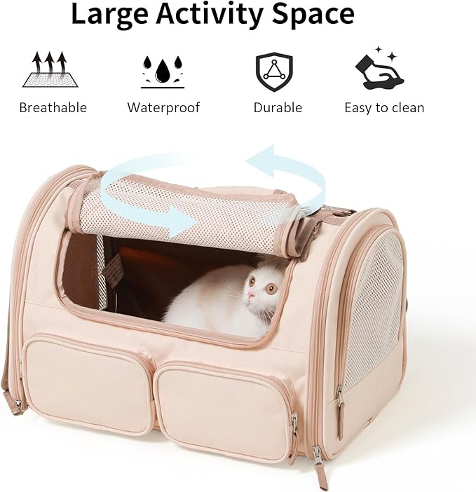FUKUMARU Cat Carrier, 4 Mesh Windows Small Dog Carrier, 4 Storage Pockets Cat Travel Bag, Under 15 lb Airline Approved Pet Carrier, Rollable Cover for Nervous Cats, Pink-PurrikoPets