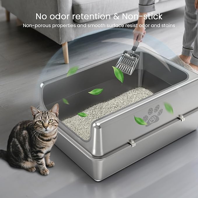 Enclosed Stainless Steel Cat Litter Box with Lid, Oversize Metal Litter Box for Multi Cats, XXXL Supersize Cat Toilet with High Side, Non-Stick, Anti-Leakage, Odorless, with Litter Mat & Litter Scoop-PurrikoPets