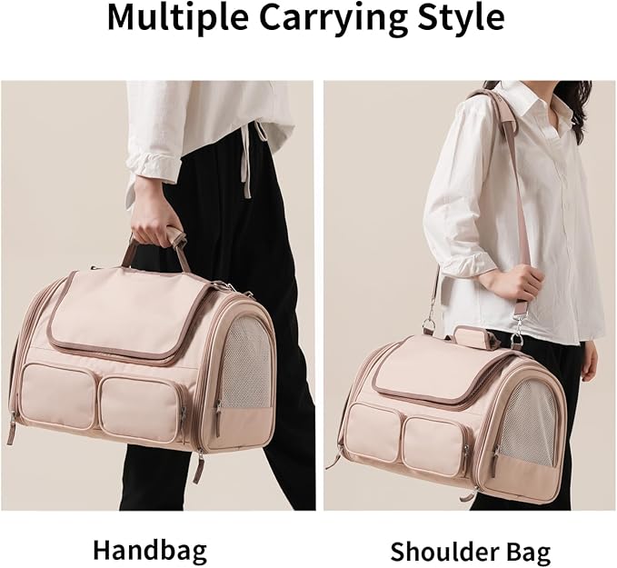 FUKUMARU Cat Carrier, 4 Mesh Windows Small Dog Carrier, 4 Storage Pockets Cat Travel Bag, Under 15 lb Airline Approved Pet Carrier, Rollable Cover for Nervous Cats, Pink-PurrikoPets