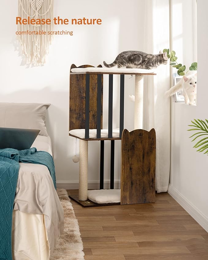 FourFurPets 43.8in 3-Tier Modern Cat Tree Tower Condo, Cat Scratch Posts for Indoor Cats, Big Plate, Two 19.7in Full Sisal Scratching Posts, Rustic Brown-PurrikoPets