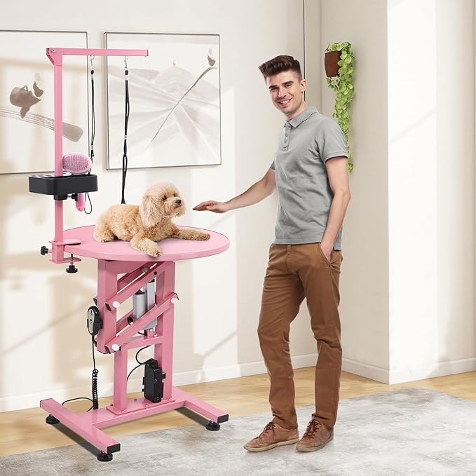 Electric Hydraulic Lift Pet Dog Grooming Table, 24Inch Grooming Desktop for Small Dogs, with Overhead Arm, Wireless Remote, Tool Organizer, Pink-PurrikoPets