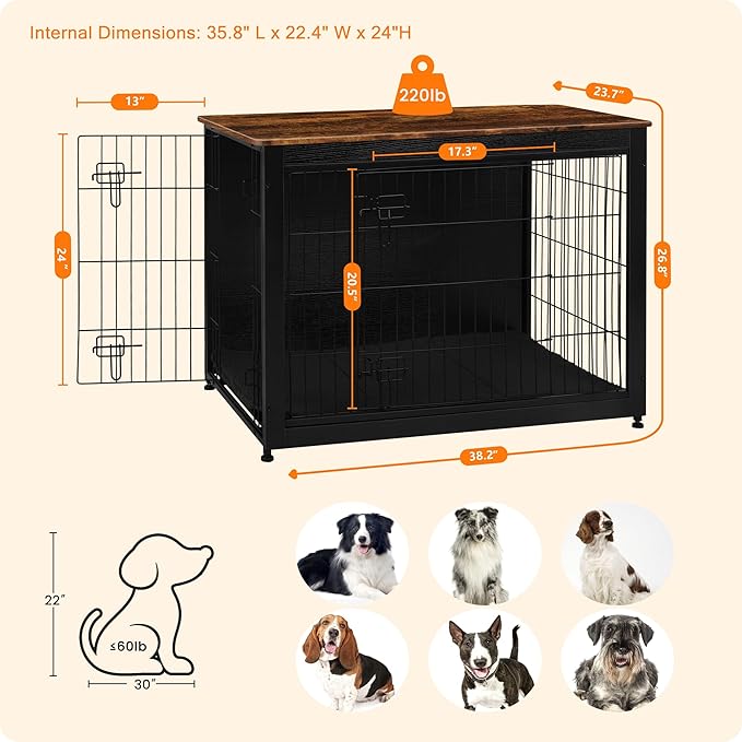 DWANTON Dog Crate Furniture with Cushion, Wooden Kennel Table with Double Doors, Indoor Dog House, Large Size, 38.5" L, Black+Rustic Brown-PurrikoPets