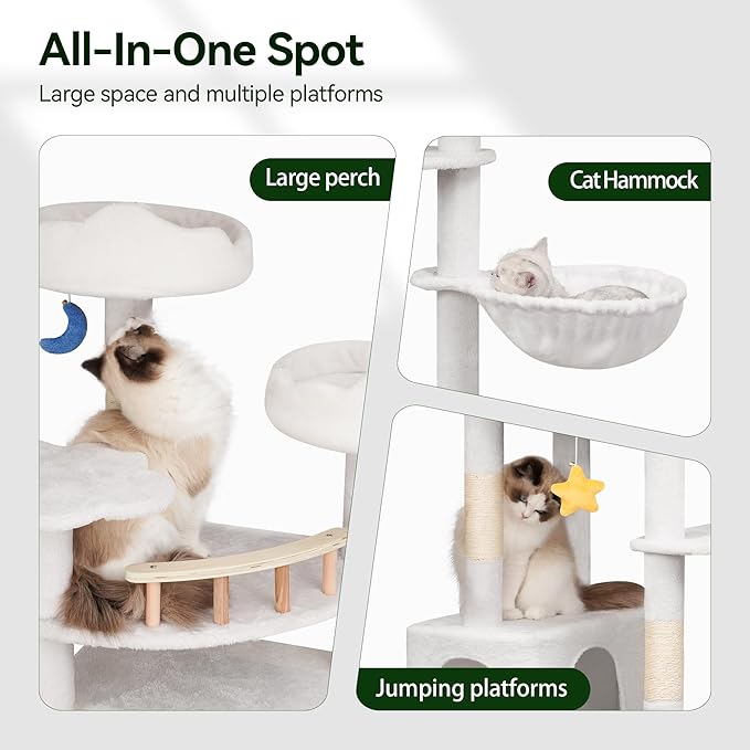 85in Tall Cat Tower for Heavy Duty Big Cats, Large Cat Tree with Scratching Post, Plush Perches, Cozy Cat Condos & Hanging Hammocks for Maine Coon, White-PurrikoPets