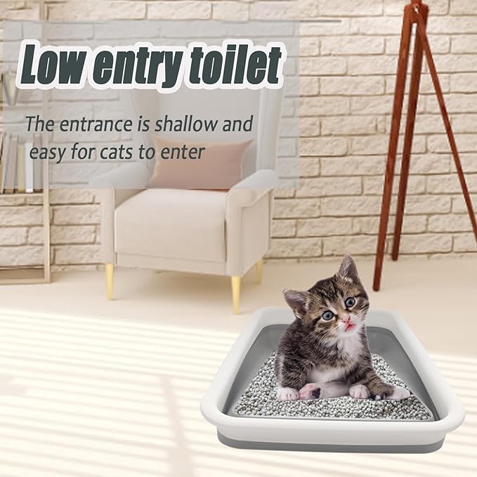 2 Pack Collapsible Small Cat Litter Box, Open Kitten Litter Potty Pan Low Entry Pet Kitty Toilet Foldable Waterproof Travel Toilet for Sick Frail Kitty 14.6 x 10.6 x 4.8 inches Grey-PurrikoPets