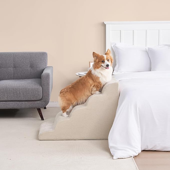 EHEYCIGA Curved Dog Stairs Ramp for High Beds, 5-Step Extra Wide Dog Steps for Small Dogs and Cats, Pet Stairs for High Bed Climbing, Non-Slip Balanced Pet Step Indoor, Beige-PurrikoPets