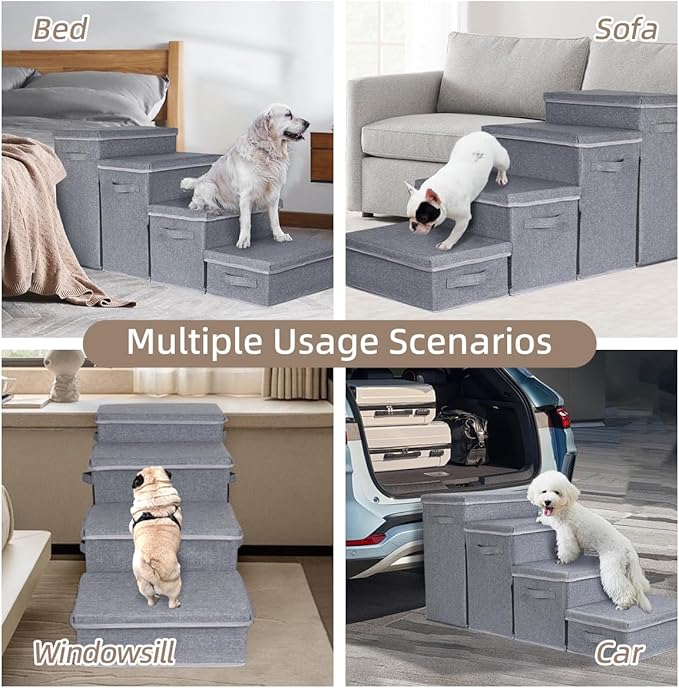 Dog Stairs with Storage, 4-Step Folding Pet Steps for Small Dogs and Cats, Pet Steps Storage with Zip, Pet Stairs for High Bed, Couch and Car Ramp (Gray, 4 Steps no Condo)-PurrikoPets